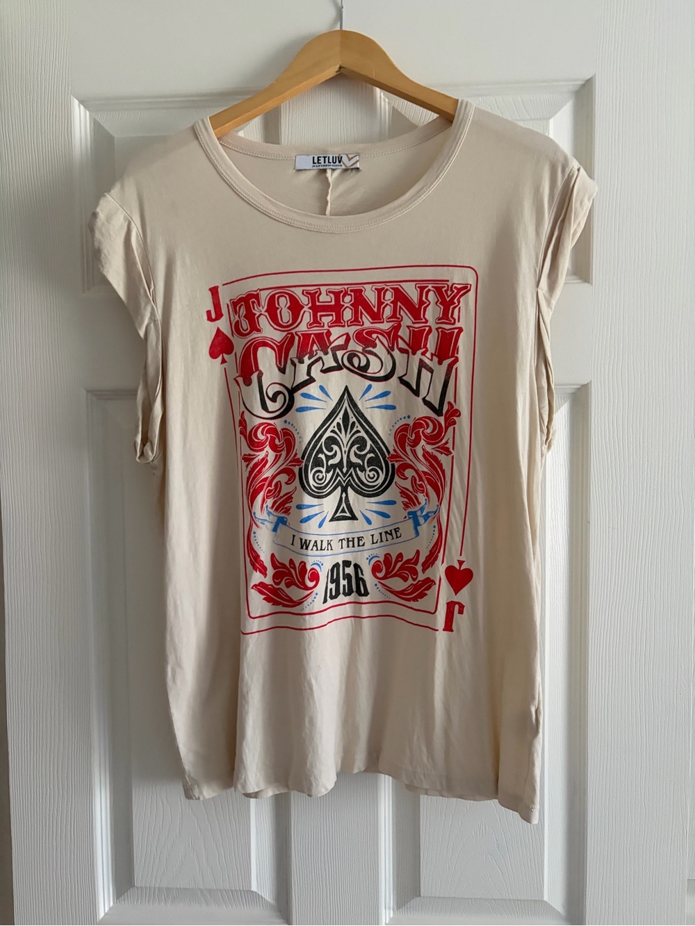 Anthropologie LETLUV Beige Johnny Cash Graphic Muscle Tee with Red and Black